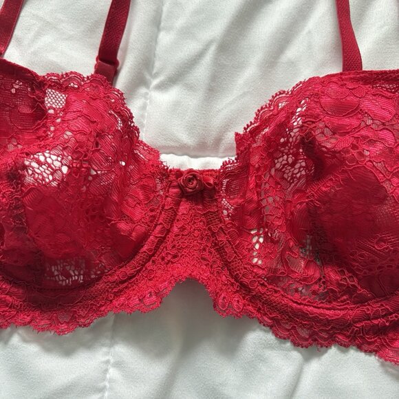 Vintage 90s Y2K Victoria's Secret Unlined Bra 36B Red Lace Nylon Rose Floral - Picture 4 of 9